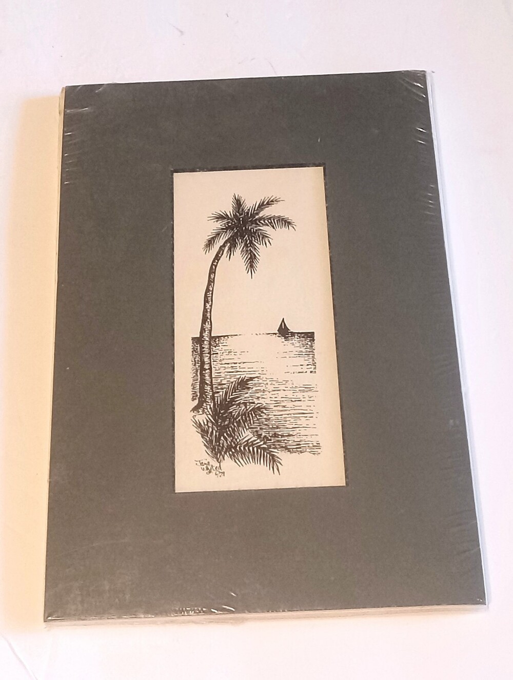 Jane White 1969 Sketch Print Sailboat Palm Tree Signed New In Sealed Package